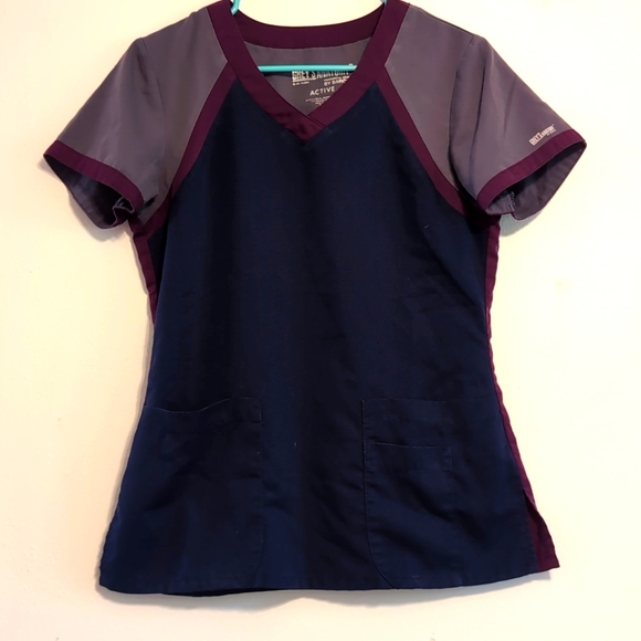 Grey's Anatomy Tops - Grey's anatomy scrub top size small navy blue with gray/purple sleeves